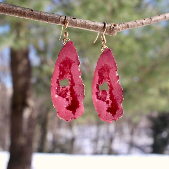 14K Gold Geode Resin Stone Drop Teardrop Earrings - Picture 3 of 9